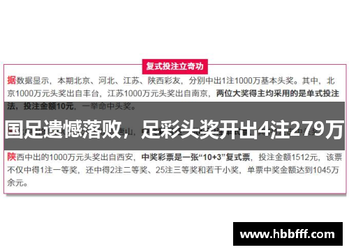 国足遗憾落败，足彩头奖开出4注279万